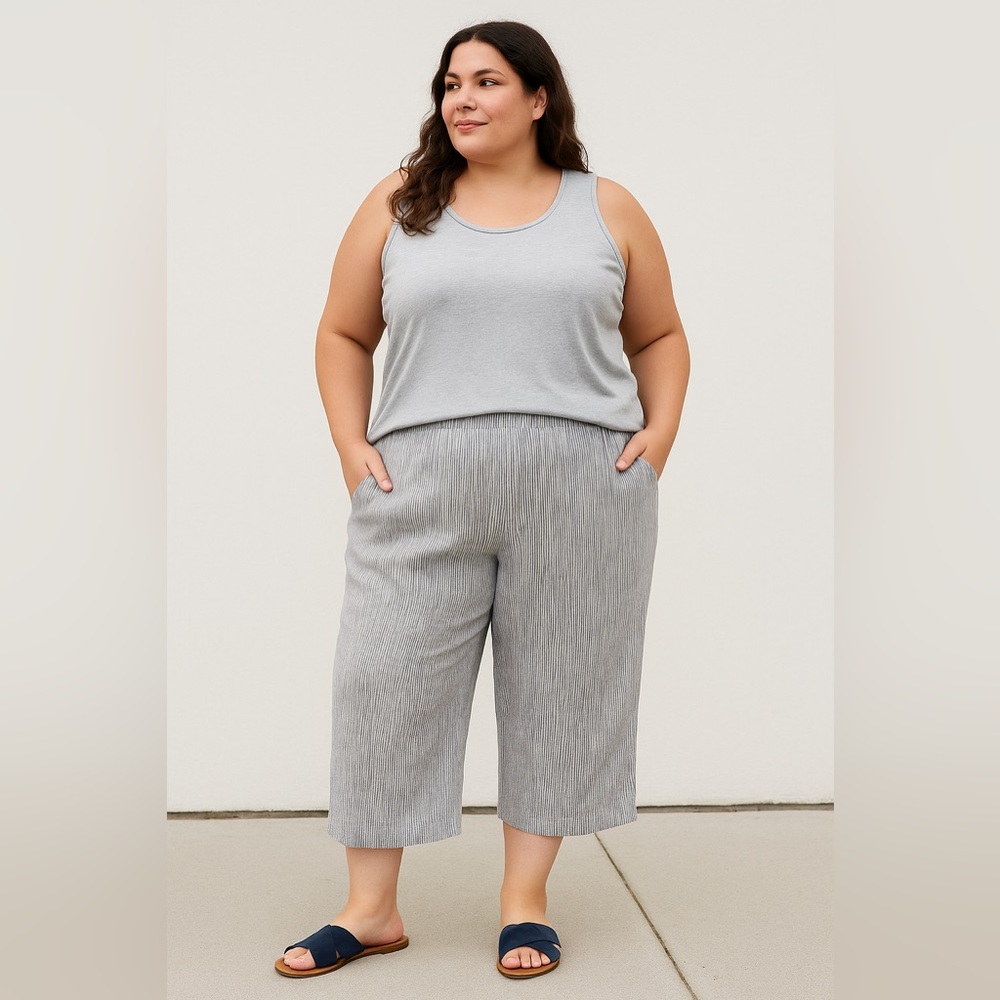 Per Se Gray & blue stripe linen Pants Wide-Leg Design
